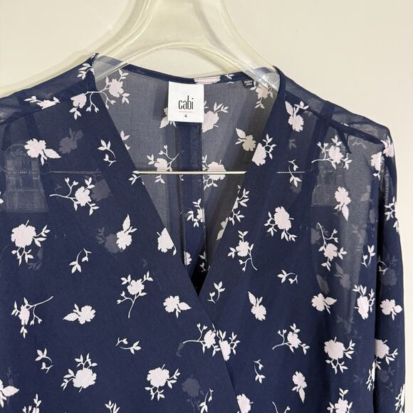 Cabi Sheer Dream Midi Dress Chiffon Lined Size 4 Navy Floral Asymmetrical New - Picture 6 of 8